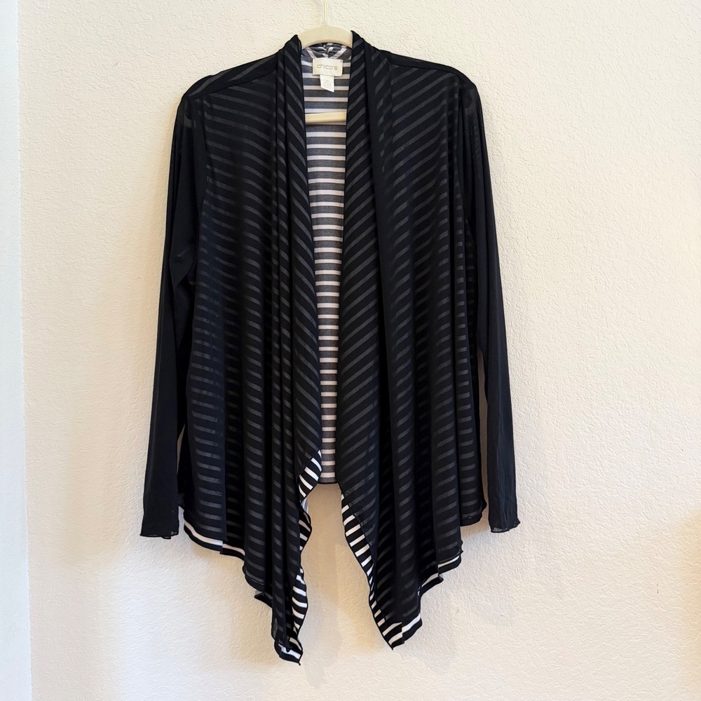 Chicos Black Striped Open Front Draped Cardigan Sheer Sleeve Size 3 XL